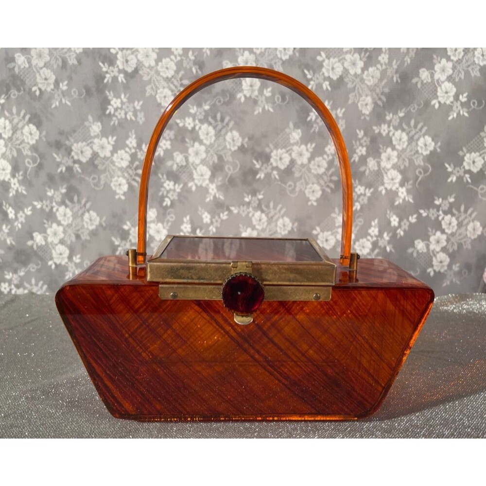 Vintage 50s Amber Lucite Purse Retro 1950s Mid Century Modern Brown Handbag